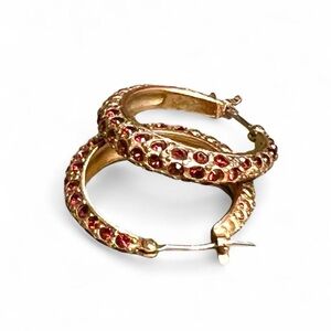 Vintage Liz Claiborne Gold Hoop Earrings with Red/Pink Rhinestones